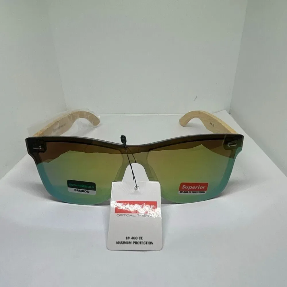 Superior Bamboo Mirrored  UV400 Rimless Shield Sunglasses Eco-Friendly Wooden Ar